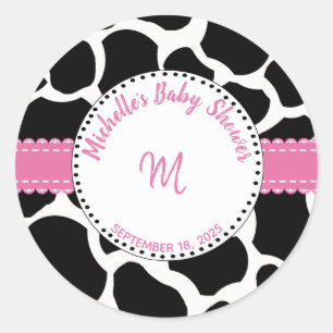 Monogram Pink Black Cow Print Name Classic Round Sticker