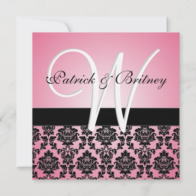 Monogram Pink & Black Damask Wedding Invitations (Front)