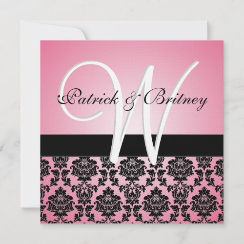 Monogram Pink &amp; Black Damask Wedding Invitations