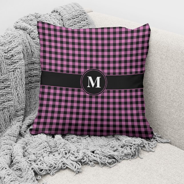 Monogram Pink Black Gingham Plaid Checked Pattern Throw Pillow (Creator Uploaded)