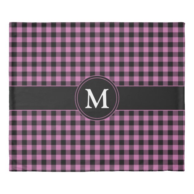 Monogram Pink & Black Gingham Plaid Checks Pattern Duvet Cover (Front)