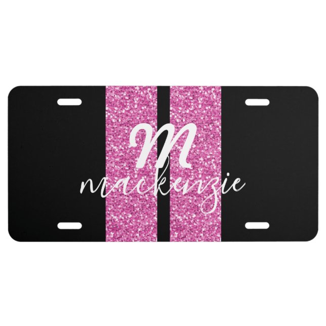 Monogram Pink Black Glitter Racing Stripes Name License Plate (Front)