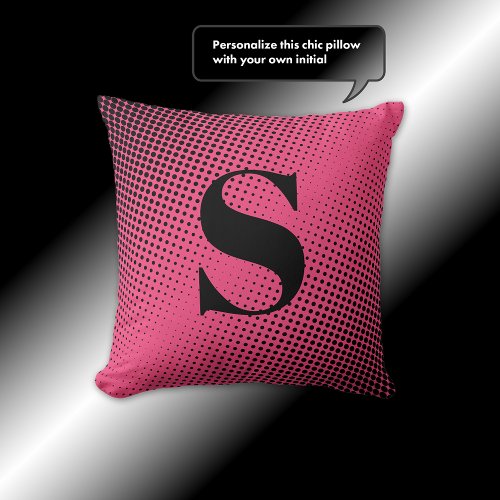 Monogram Pink Black Halftone Dot Pattern Throw Pillow