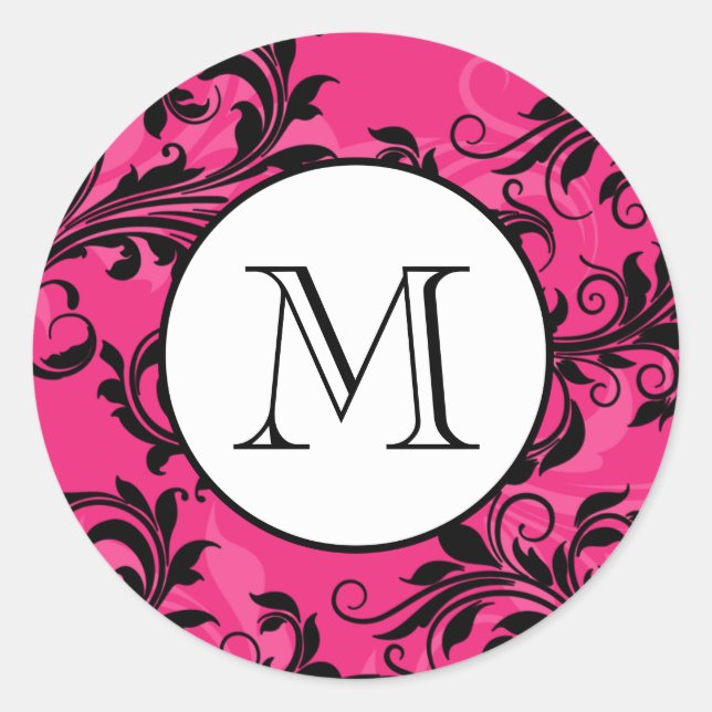 Monogram Pink Black Ornate Scrolls Wedding Sticker (Front)