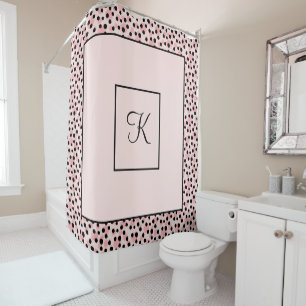 Monogram Pink Black Polka Dot Spotted Dots Shower Curtain