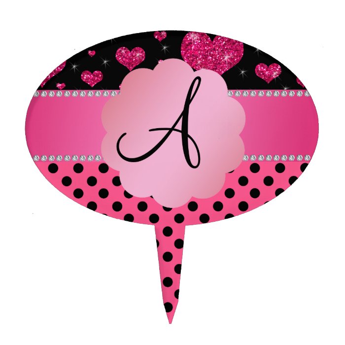 Monogram pink black polka dots pink glitter hearts cake picks