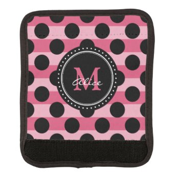 Monogram | Pink Black Polka Dots Striped Pattern Luggage Handle Wrap by BestPatterns4u at Zazzle