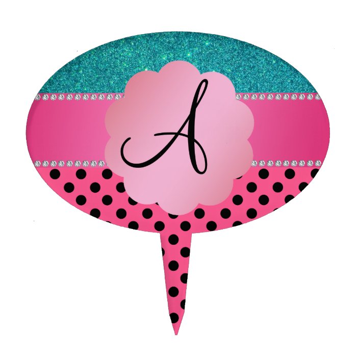 Monogram pink black polka dots turquoise glitter cake picks