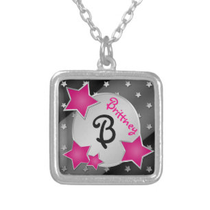 Monogram Pink Black Silver Stars Necklace