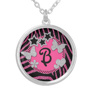 Monogram Pink Black Silver Zebra Glitter Necklace