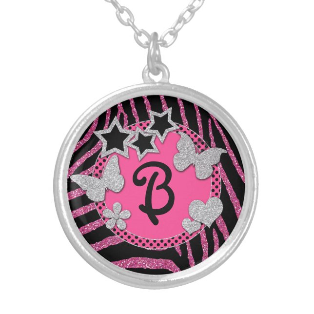 Monogram Pink Black Silver Zebra Glitter Necklace (Front)