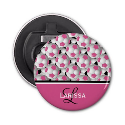 Monogram Pink Black Soccer Ball Pattern Bottle Opener