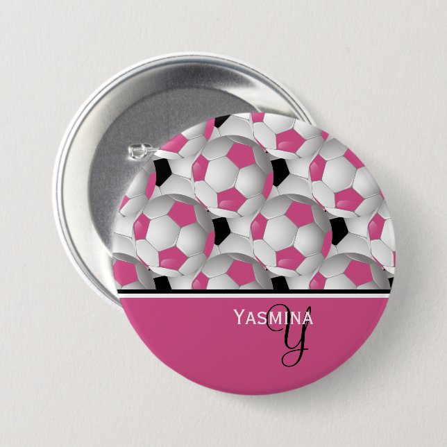 Monogram Pink Black Soccer Ball Pattern Button (Front & Back)