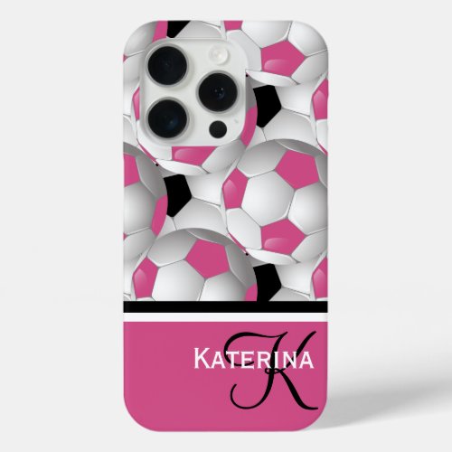 Monogram Pink Black Soccer Ball Pattern iPhone 15 Pro Case