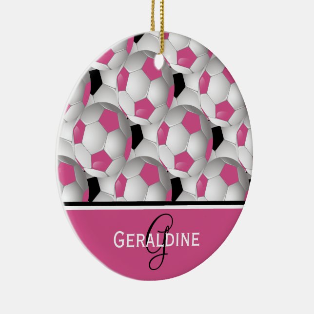 Monogram Pink Black Soccer Ball Pattern Ceramic Ornament (Right)