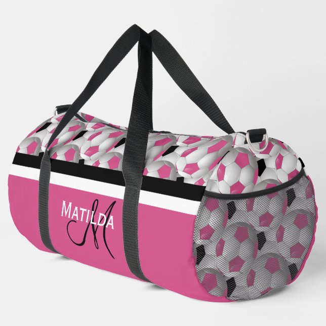 Monogram Pink Black Soccer Ball Pattern Duffle Bag (Right Corner)