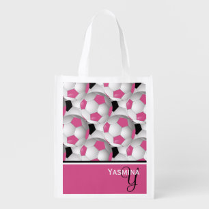 Monogram Pink Black Soccer Ball Pattern Grocery Bag