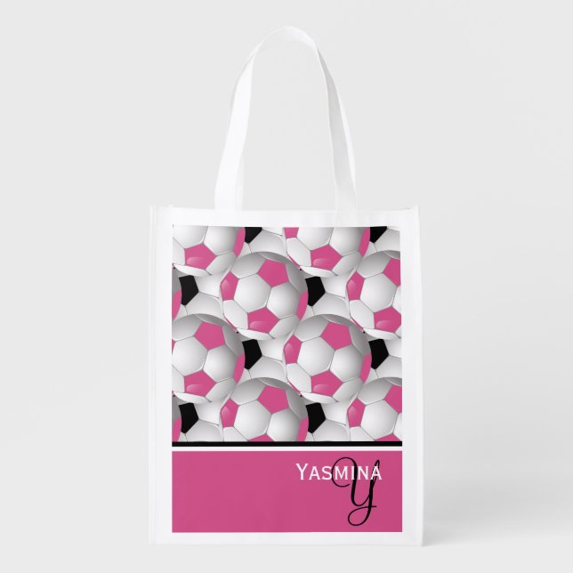 Monogram Pink Black Soccer Ball Pattern Grocery Bag (Front)