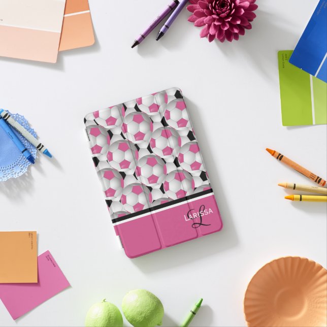 Monogram Pink Black Soccer Ball Pattern iPad Mini Cover (In Situ)