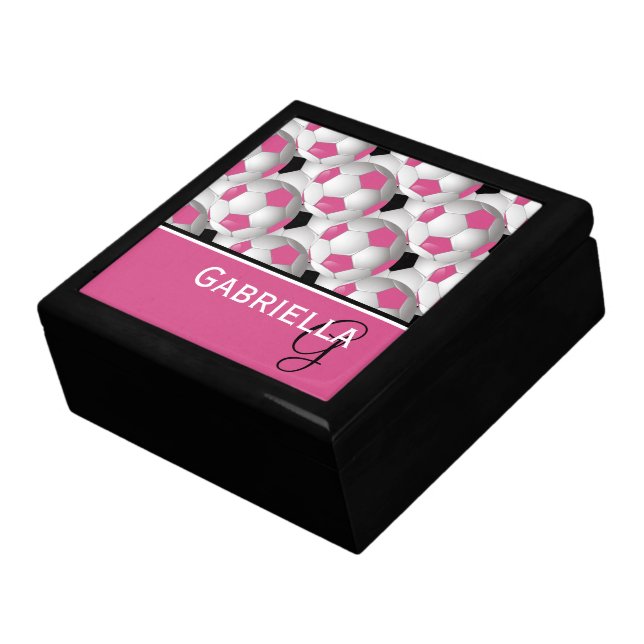 Monogram Pink Black Soccer Ball Pattern Jewelry Box (Side)