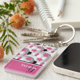 Monogram Pink Black Soccer Ball Pattern Keychain