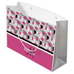 Monogram Pink Black Soccer Ball Pattern Large Gift Bag