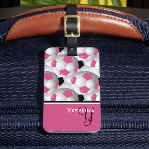 Monogram Pink Black Soccer Ball Pattern Luggage Tag
