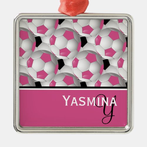 Monogram Pink Black Soccer Ball Pattern Metal Ornament