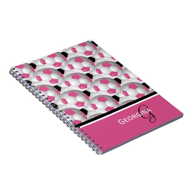 Monogram Pink Black Soccer Ball Pattern Notebook (Right Side)
