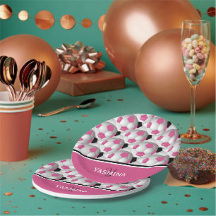 Monogram Pink Black Soccer Ball Pattern Paper Plates