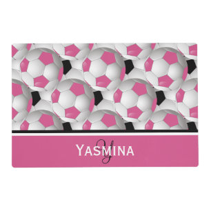 Monogram Pink Black Soccer Ball Pattern Placemat