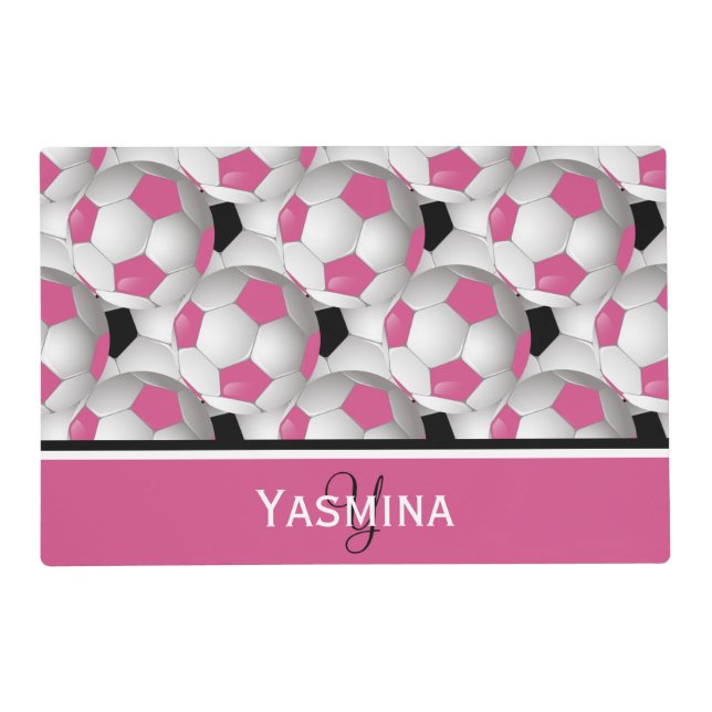 Monogram Pink Black Soccer Ball Pattern Placemat (Back)