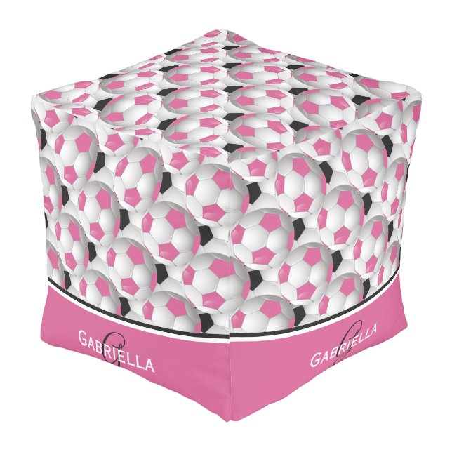 Monogram Pink Black Soccer Ball Pattern Pouf (Angled Back)