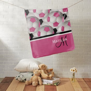 Monogram Pink Black Soccer Ball Pattern Receiving Blanket by giftsbonanza at Zazzle