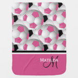 Monogram Pink Black Soccer Ball Pattern Receiving Blanket at Zazzle