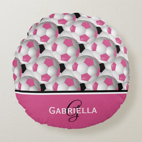 Monogram Pink Black Soccer Ball Pattern Round Pillow