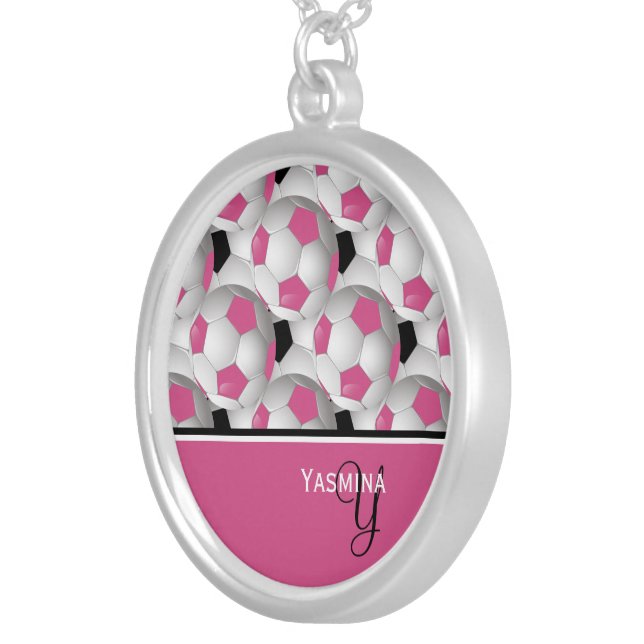 Monogram Pink Black Soccer Ball Pattern Silver Plated Necklace (Front Right)