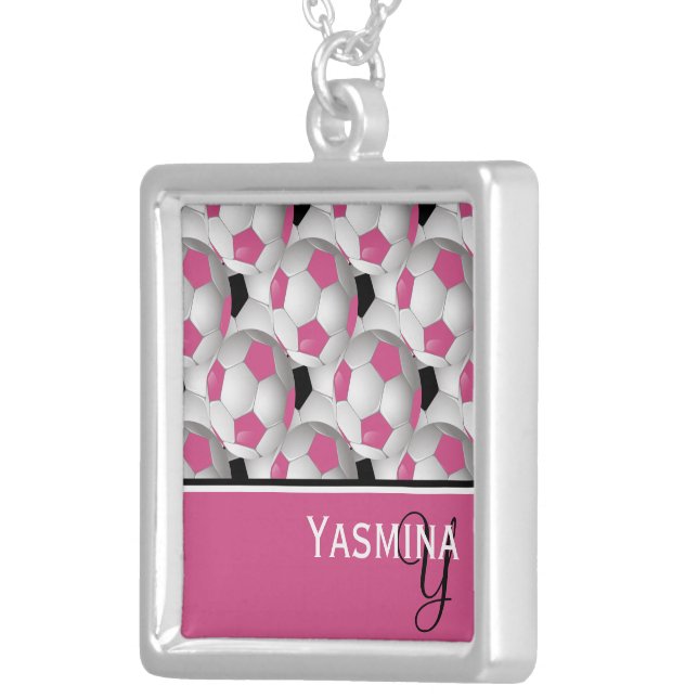 Monogram Pink Black Soccer Ball Pattern Silver Plated Necklace (Front Right)