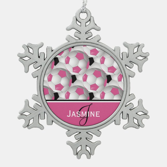Monogram Pink Black Soccer Ball Pattern Snowflake Pewter Christmas Ornament (Front)