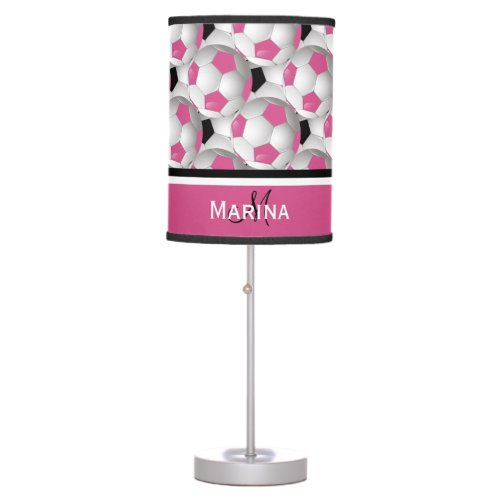 Monogram Pink Black Soccer Ball Pattern Table Lamp