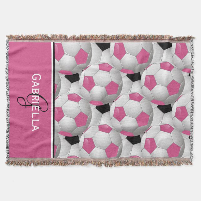 Monogram Pink Black Soccer Ball Pattern Throw Blanket (Front)
