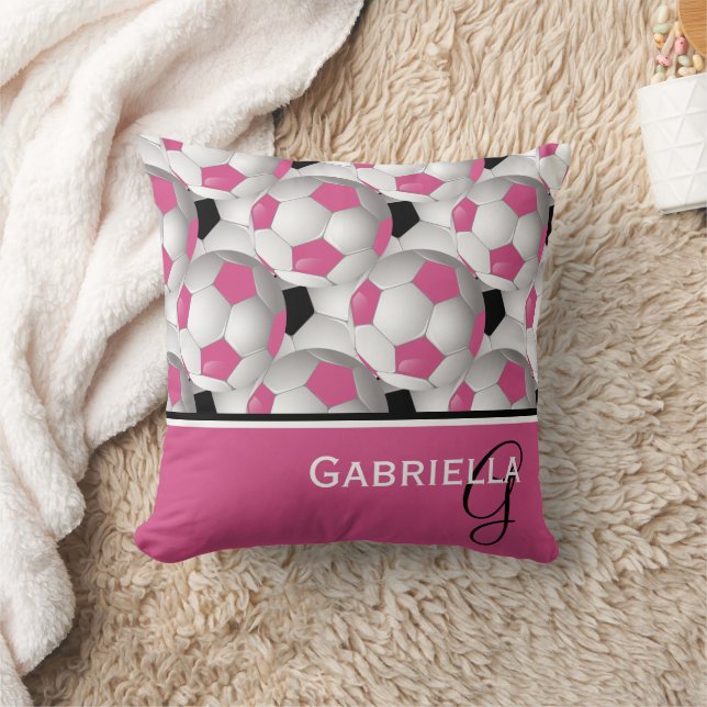 Monogram Pink Black Soccer Ball Pattern Throw Pillow (Blanket)