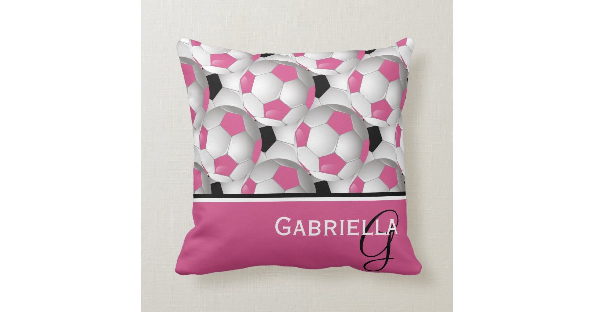 Monogram Pink Black Soccer Ball Pattern Throw Pillow Zazzle Com