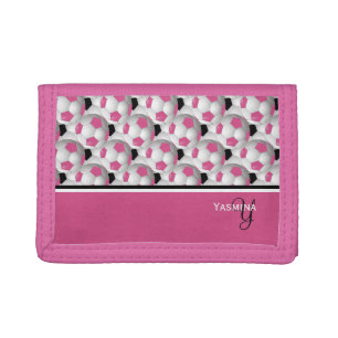 Monogram Pink Black Soccer Ball Pattern Trifold Wallet