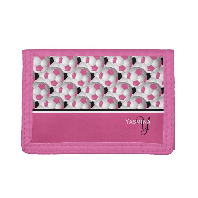 Monogram Pink Black Soccer Ball Pattern Trifold Wallet (Front)