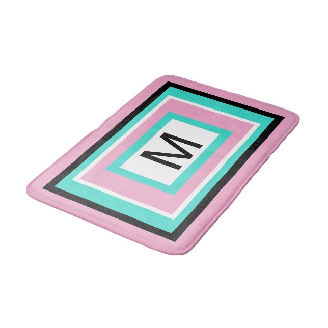 Monogram Pink Black Turquoise Geometric Bath Mat (Angled)