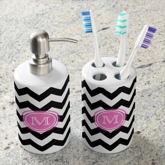 Monogram: Pink, Black, White Chevron Bathroom Set