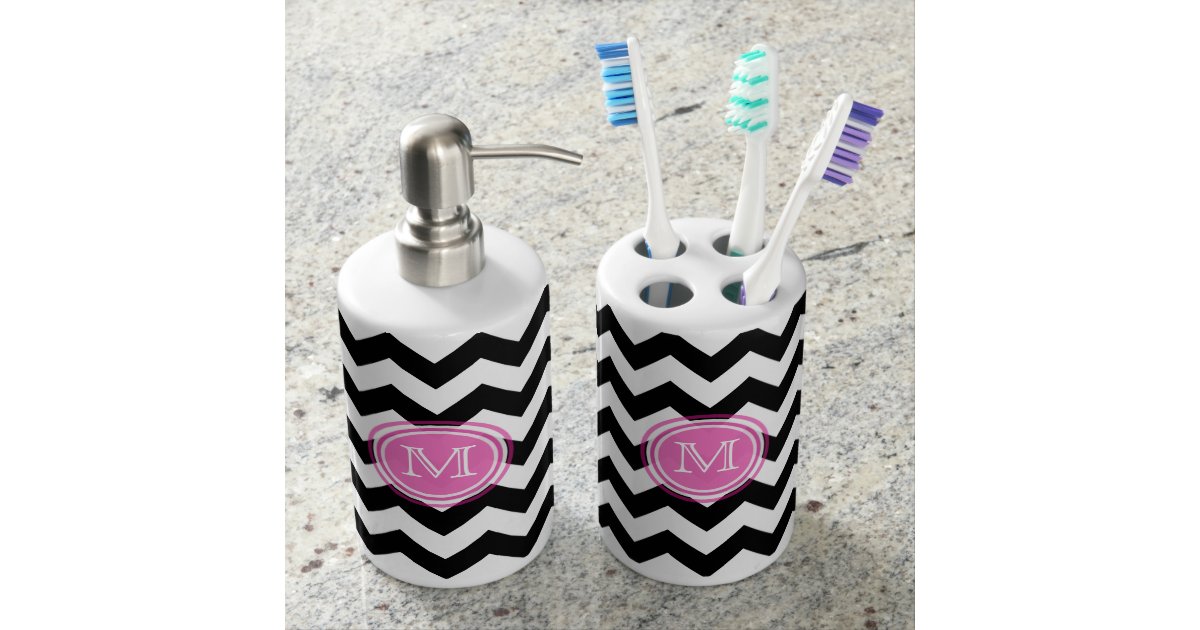 Monogram Pink Black White Chevron Bathroom Set Zazzle Com
