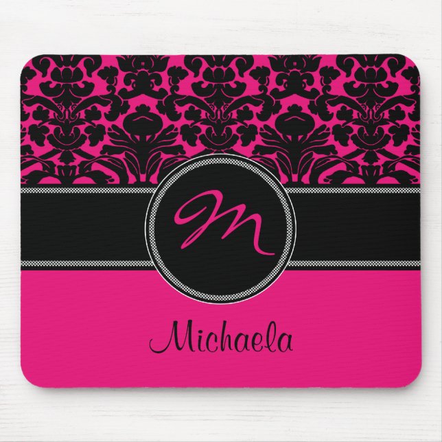 Monogram Pink Black White Damask Mousepad (Front)