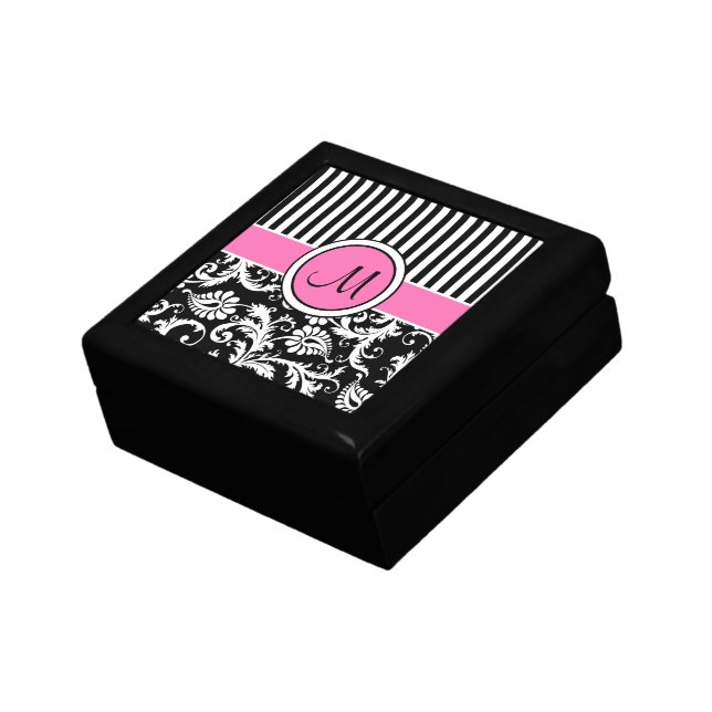 Monogram Pink, Black, White Damask Trinket Box (Side)